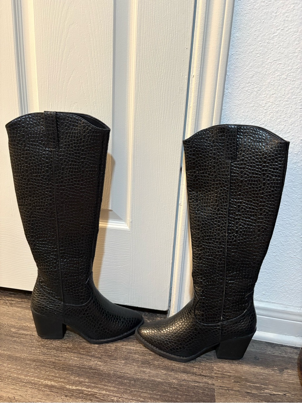 Sugar Black Croc-Texture Knee Boots with Block Heel